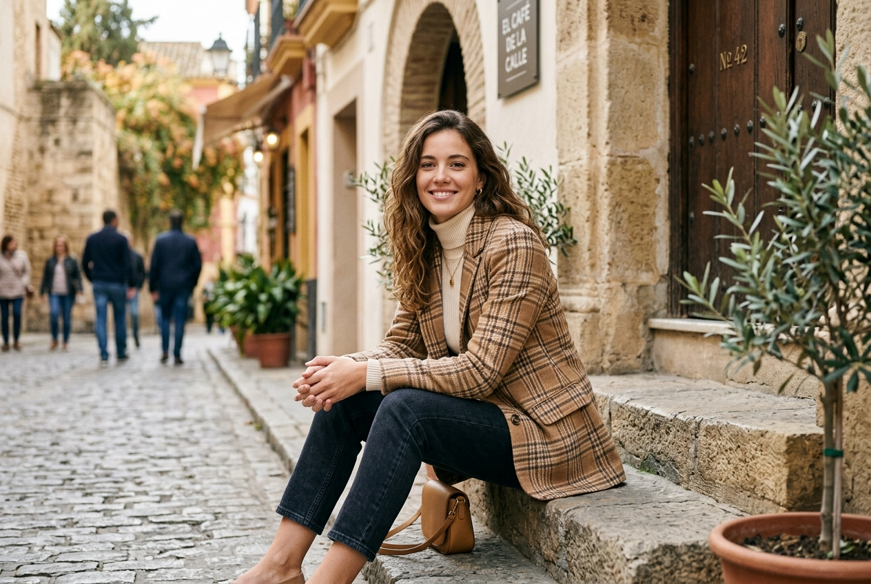 Chaqueta Cuadros Camel y Beige